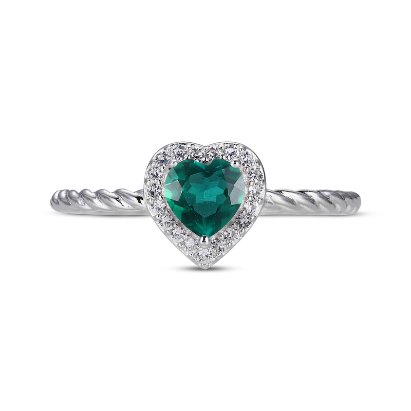 Main Image 3 of Heart-Shaped Lab-Created Emerald & Round-Cut White Lab-Created Sapphire Heart Ring Sterling Silver