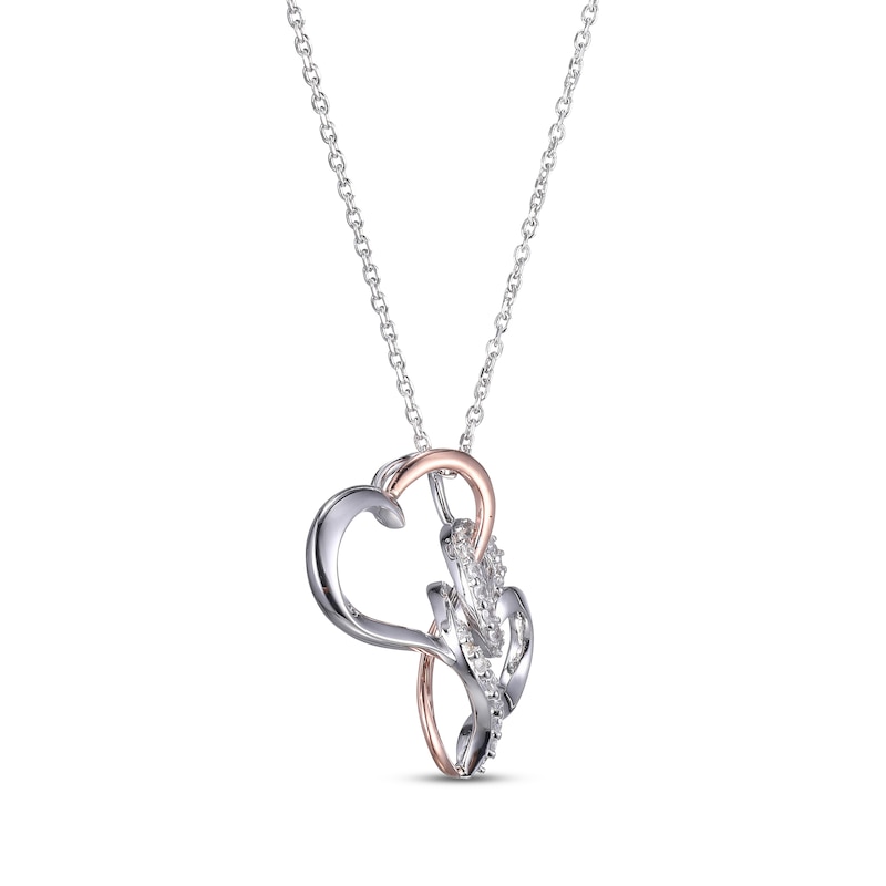 Round-Cut White Lab-Created Sapphire Hearts Necklace Sterling Silver & 10K Rose Gold 18”