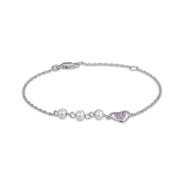 Young Teen Cultured Pearl & Round-Cut Pink Lab-Created Sapphire Heart Bracelet Sterling Silver 7”