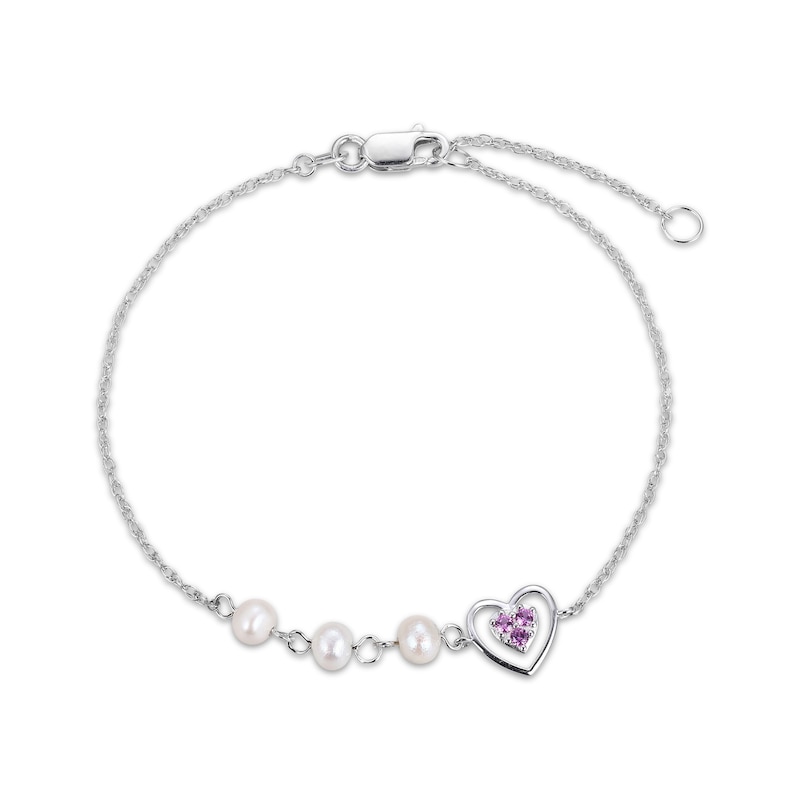 Young Teen Cultured Pearl & Round-Cut Pink Lab-Created Sapphire Heart Bracelet Sterling Silver 7”