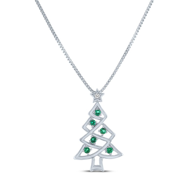 Main Image 1 of Round-Cut Lab-Created Emerald & White Lab-Created Sapphire Christmas Tree Necklace Sterling Silver 18"