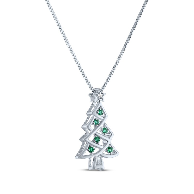 Main Image 2 of Round-Cut Lab-Created Emerald & White Lab-Created Sapphire Christmas Tree Necklace Sterling Silver 18"