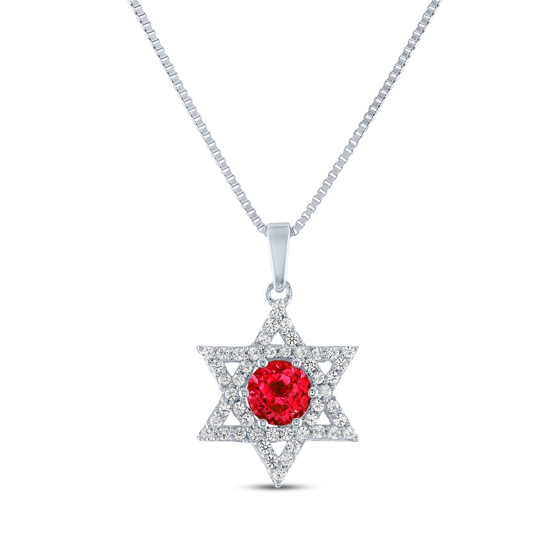Main Image 1 of Round-Cut Lab-Created Ruby & White Lab-Created Sapphire Star of David Necklace Sterling Silver 18"