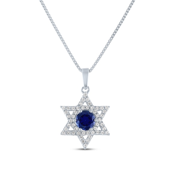 Round-Cut Blue & White Lab-Created Sapphire Star of David Necklace Sterling Silver 18"