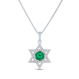 Round-Cut Lab-Created Emerald & White Lab-Created Sapphire Star of David Necklace Sterling Silver 18"