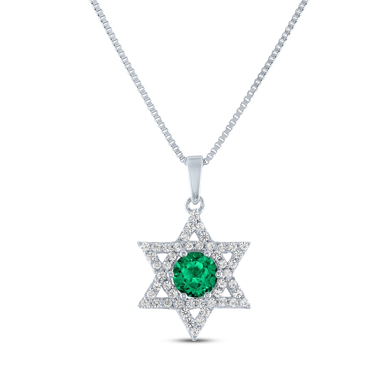 Main Image 1 of Round-Cut Lab-Created Emerald & White Lab-Created Sapphire Star of David Necklace Sterling Silver 18"