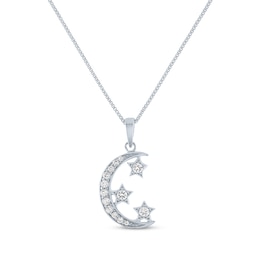 Round-Cut White Lab-Created Sapphire Moon & Star Necklace Sterling Silver 18"