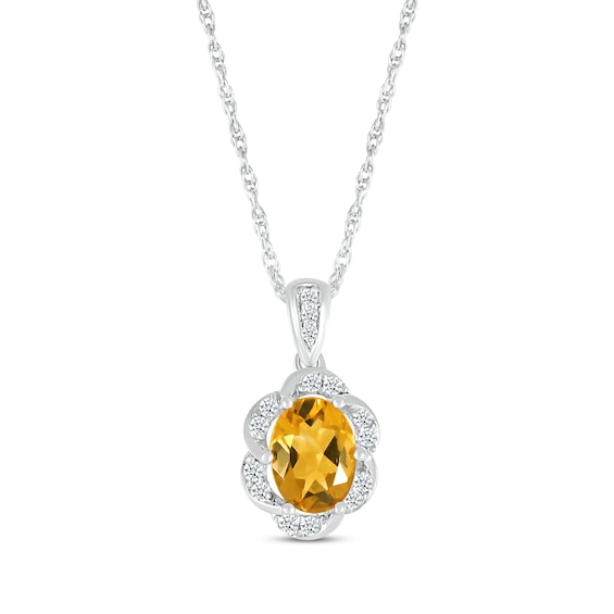 Oval-Cut Citrine & White Lab-Created Sapphire Floral Frame Necklace Sterling Silver 18”