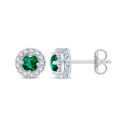 Lab-Created Emerald & White Lab-Created Sapphire Halo Stud Earrings Sterling Silver
