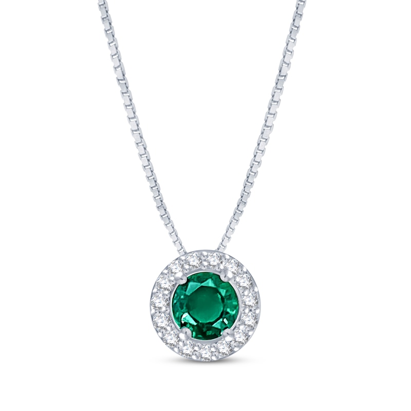 Lab-Created Emerald & White Lab-Created Sapphire Halo Necklace Sterling ...