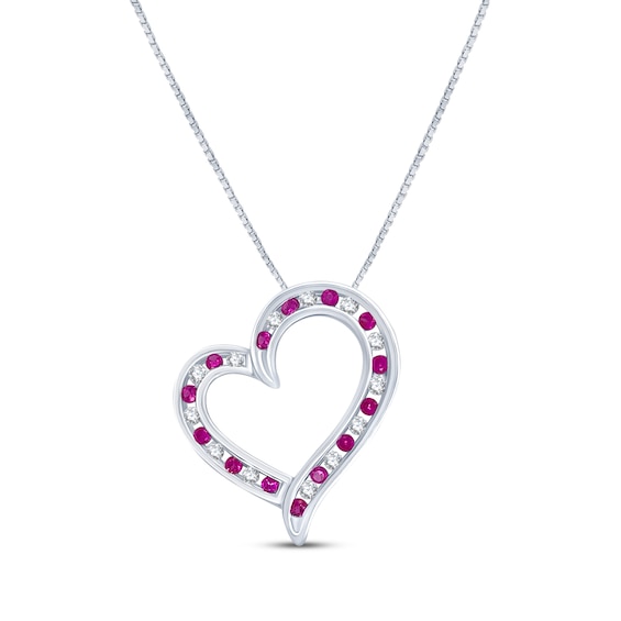 Lab-Created Ruby & White Lab-Created Sapphire Tilted Heart Necklace Sterling Silver 18"