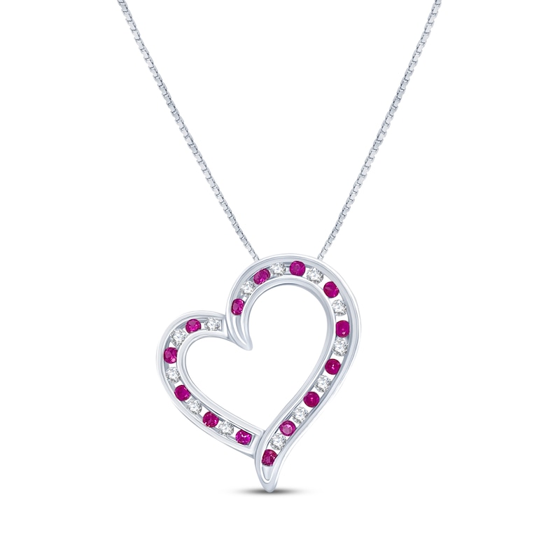 Main Image 1 of Lab-Created Ruby & White Lab-Created Sapphire Tilted Heart Necklace Sterling Silver 18"