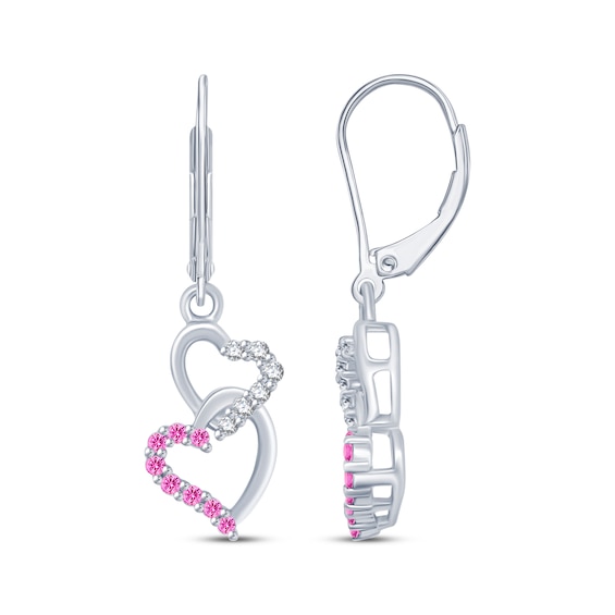 Pink & White Lab-Created Sapphire Heart Dangle Earrings Sterling Silver