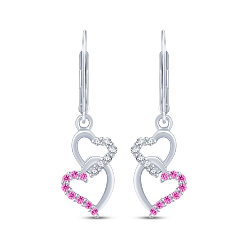 Main Image 2 of Pink & White Lab-Created Sapphire Heart Dangle Earrings Sterling Silver