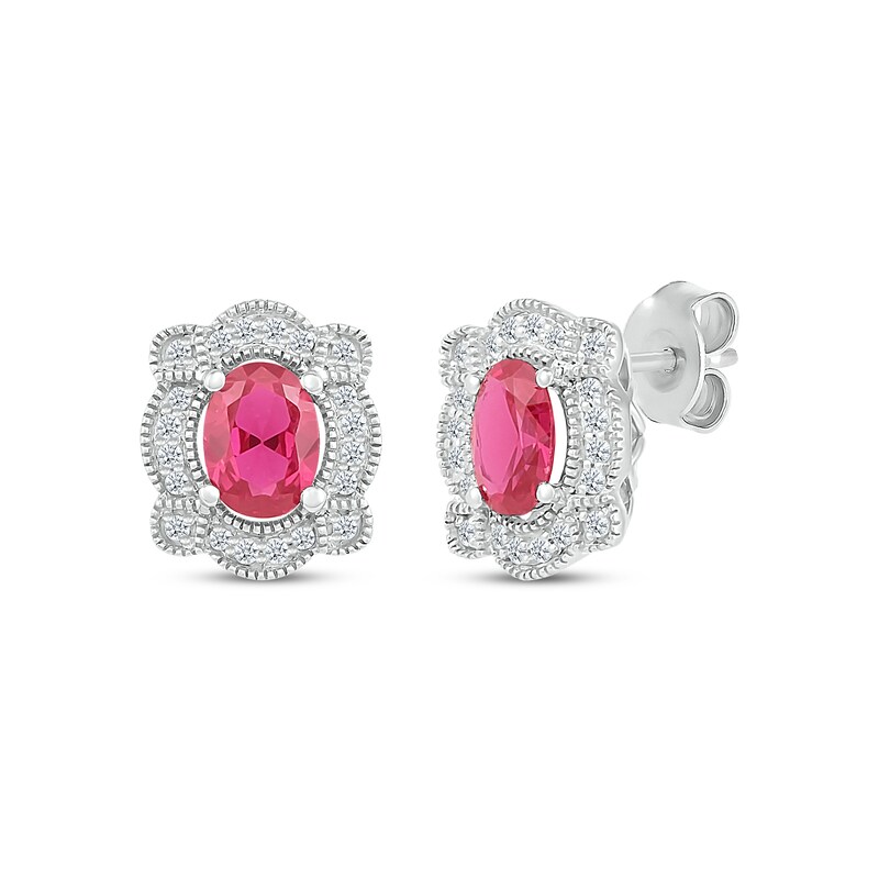 Oval-Cut Lab-Created Ruby & White Lab-Created Sapphire Vintage-Inspired Earrings Sterling Silver
