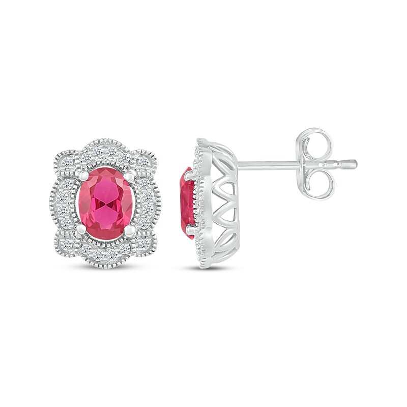 Oval-Cut Lab-Created Ruby & White Lab-Created Sapphire Vintage-Inspired Earrings Sterling Silver