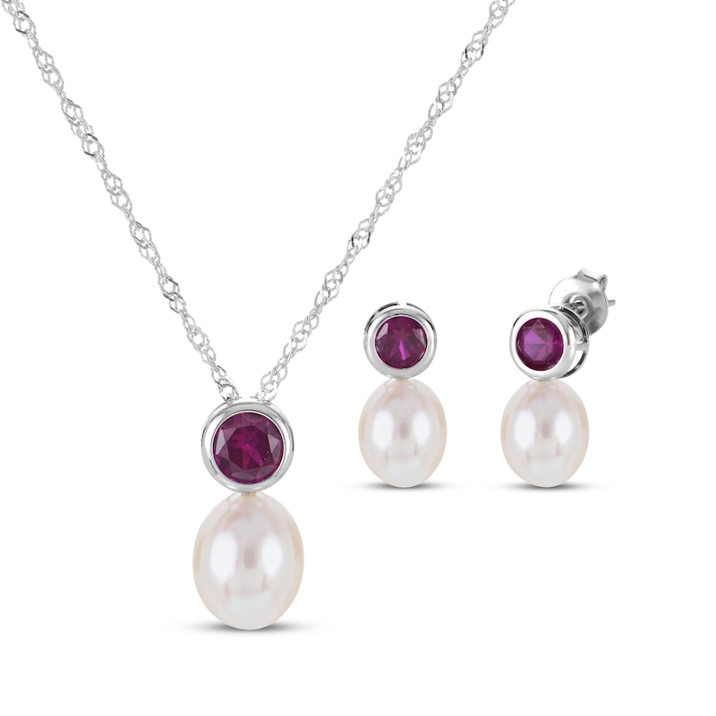 Main Image 1 of Cultured Pearl & Lab-Created Ruby Bezel Gift Set Sterling Silver