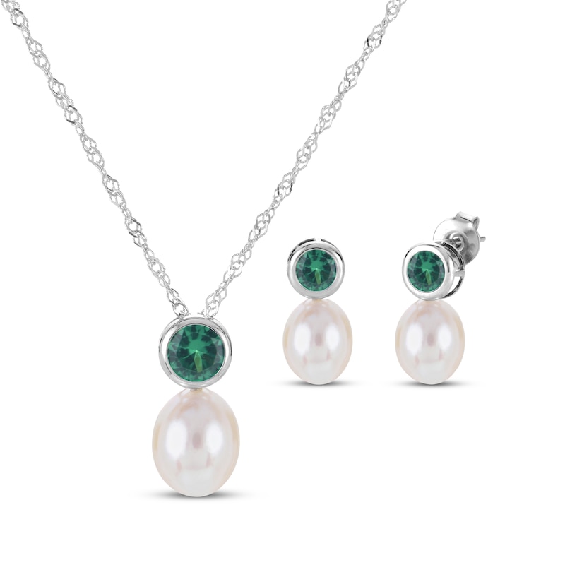 Main Image 1 of Cultured Pearl & Lab-Created Emerald Bezel Gift Set Sterling Silver