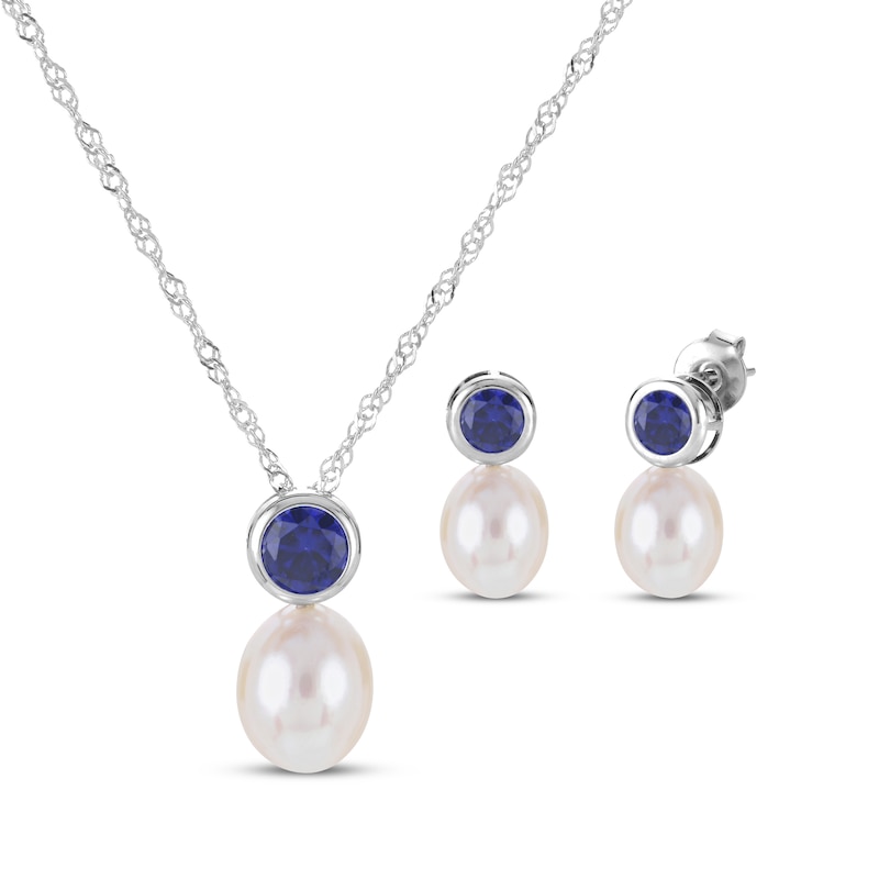 Main Image 1 of Cultured Pearl & Blue Lab-Created Sapphire Bezel Gift Set Sterling Silver