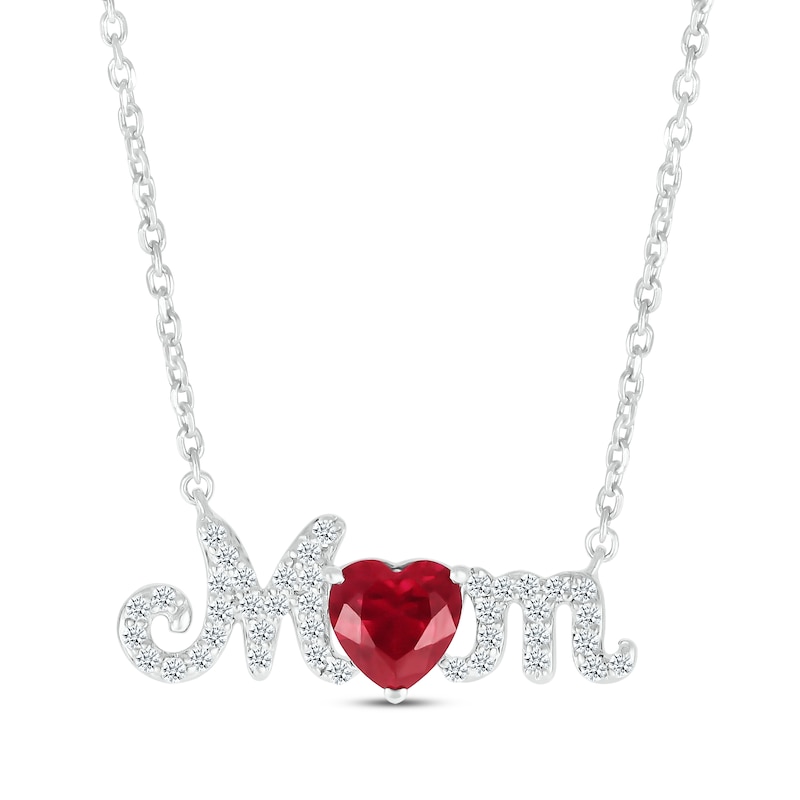 Heart-Shaped Lab-Created Ruby & White Lab-Created Sapphire "Mom" Necklace Sterling Silver 18”