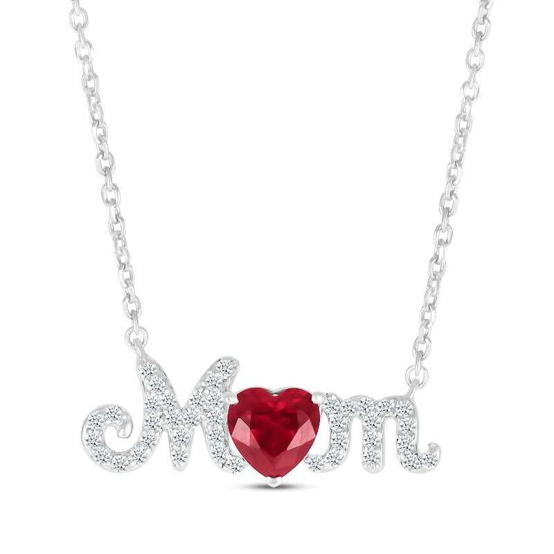 Main Image 1 of Heart-Shaped Lab-Created Ruby & White Lab-Created Sapphire "Mom" Necklace Sterling Silver 18”