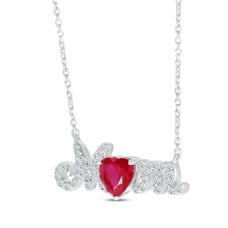 Main Image 2 of Heart-Shaped Lab-Created Ruby & White Lab-Created Sapphire "Mom" Necklace Sterling Silver 18”