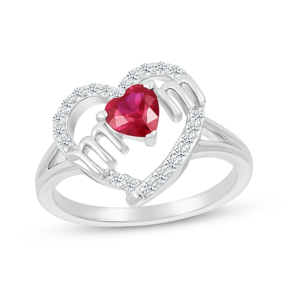 Heart-Shaped Lab-Created Ruby & White Lab-Created Sapphire "Mom" Ring Sterling Silver