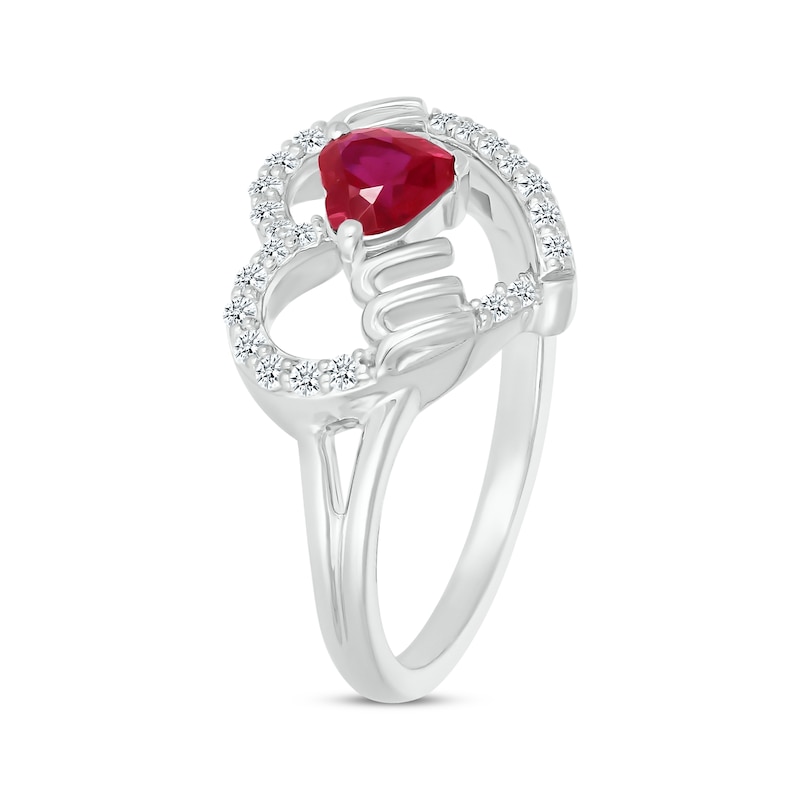Main Image 2 of Heart-Shaped Lab-Created Ruby & White Lab-Created Sapphire "Mom" Ring Sterling Silver