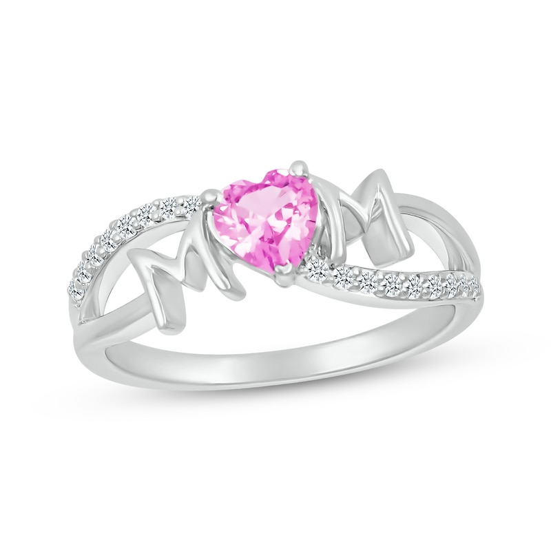 Main Image 1 of Heart-Shaped Pink Lab-Created Sapphire & White Lab-Created Sapphire "Mom" Ring Sterling Silver