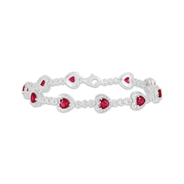 Heart-Shaped Lab-Created Ruby & White Lab-Created Sapphire Bracelet Sterling Silver 7.25"