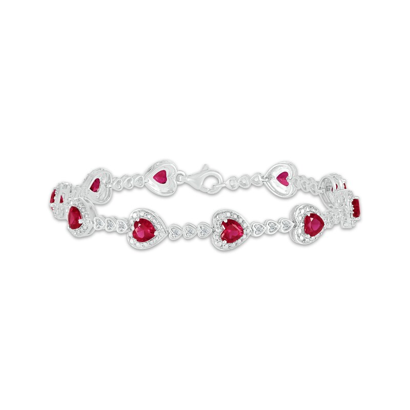 Main Image 1 of Heart-Shaped Lab-Created Ruby & White Lab-Created Sapphire Bracelet Sterling Silver 7.25"