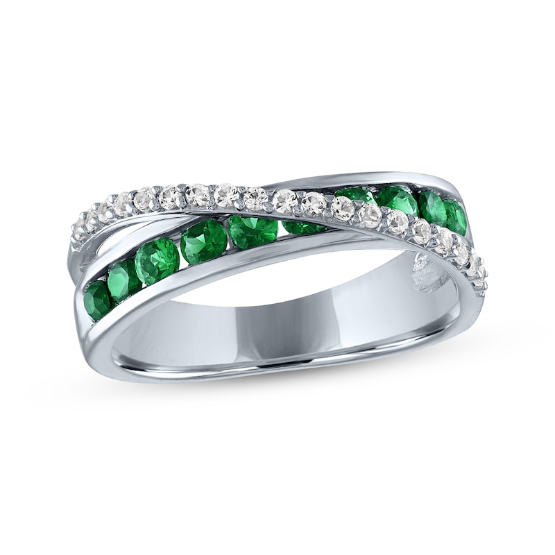 Main Image 1 of Lab-Created Emerald & White Lab-Created Sapphire Crossover Ring Sterling Silver