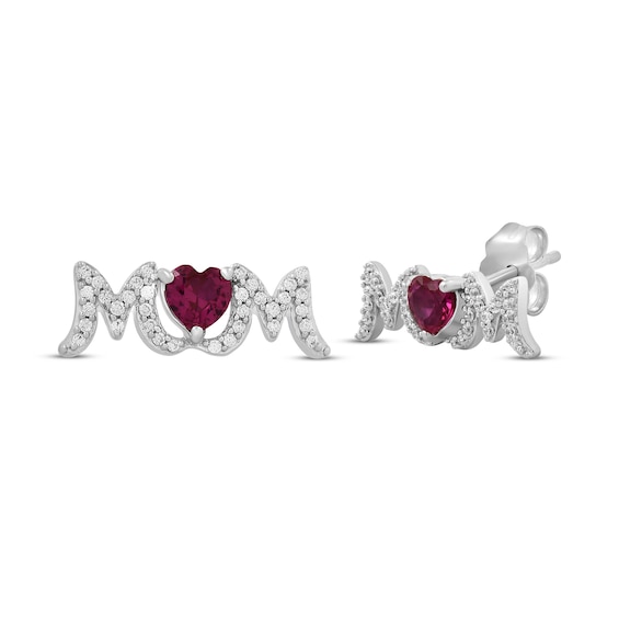 Heart-Shaped Lab-Created Ruby & White Lab-Created Sapphire "Mom" Earrings Sterling Silver