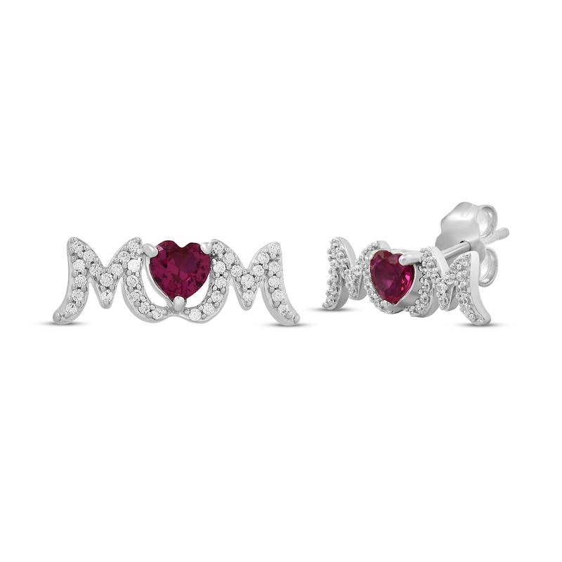 Main Image 1 of Heart-Shaped Lab-Created Ruby & White Lab-Created Sapphire "Mom" Earrings Sterling Silver