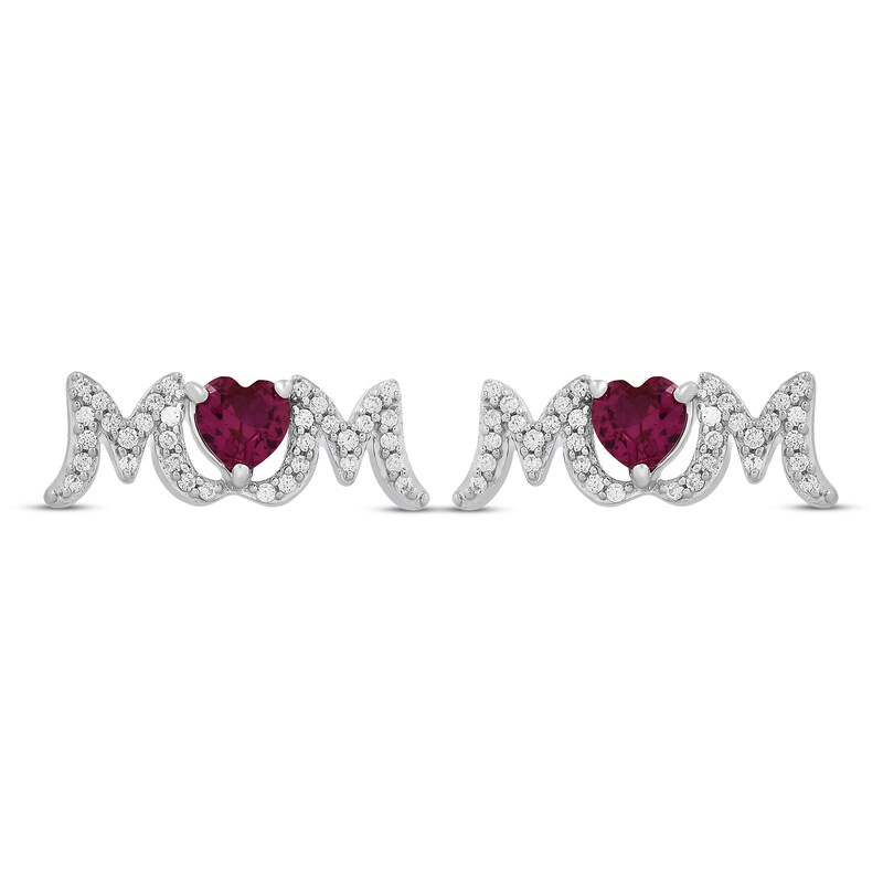Main Image 2 of Heart-Shaped Lab-Created Ruby & White Lab-Created Sapphire "Mom" Earrings Sterling Silver