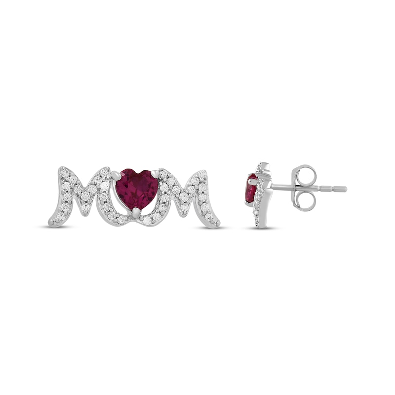 Main Image 3 of Heart-Shaped Lab-Created Ruby & White Lab-Created Sapphire "Mom" Earrings Sterling Silver