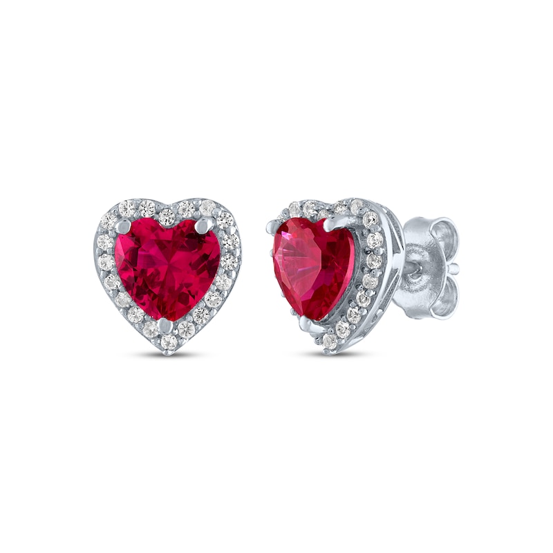 Main Image 1 of Heart-Shaped Lab-Created Ruby & White Lab-Created Sapphire Stud Earrings Sterling Silver