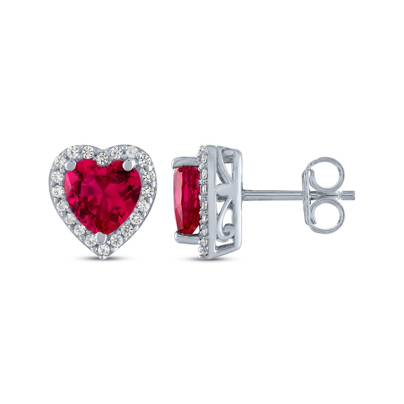 Main Image 3 of Heart-Shaped Lab-Created Ruby & White Lab-Created Sapphire Stud Earrings Sterling Silver