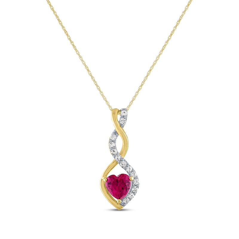 Main Image 1 of Heart-Shaped Lab-Created Ruby & White Lab-Created Sapphire Twist Drop Necklace 10K Yellow Gold 18"