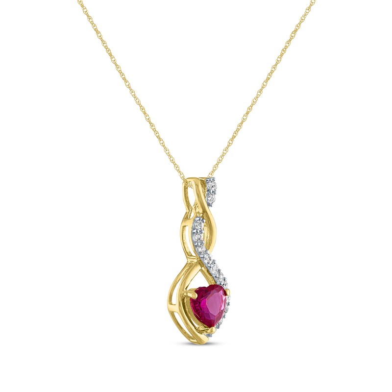 Main Image 2 of Heart-Shaped Lab-Created Ruby & White Lab-Created Sapphire Twist Drop Necklace 10K Yellow Gold 18"