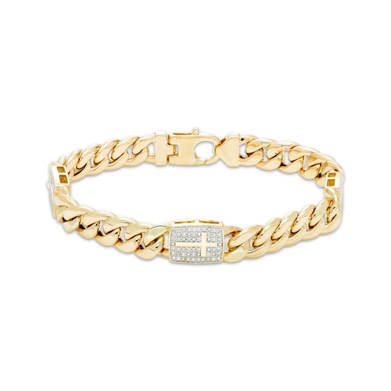 Men's Diamond Cross Solid Cuban Curb Chain Bracelet 5/8 ct tw 10K Yellow Gold 8.5"