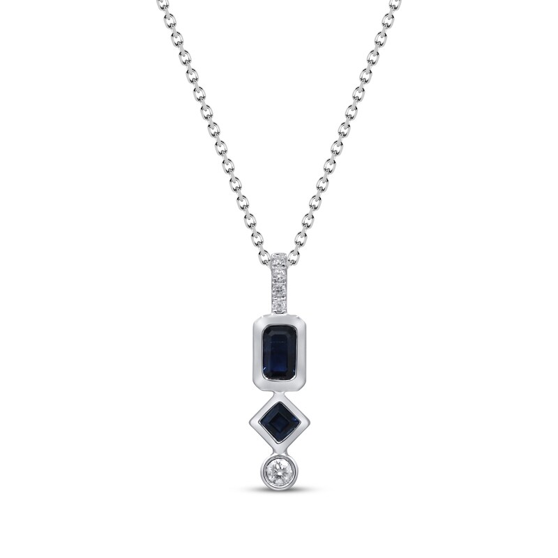 Main Image 1 of Emerald & Square-Cut Blue Sapphire, Round-Cut Diamond Necklace 1/20 ct tw 10K White Gold 18"