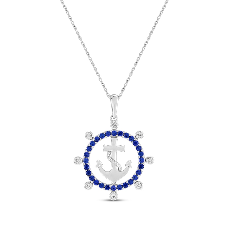 Main Image 1 of Blue & White Lab-Created Sapphire Ship's Wheel & Anchor Necklace Sterling Silver 18"