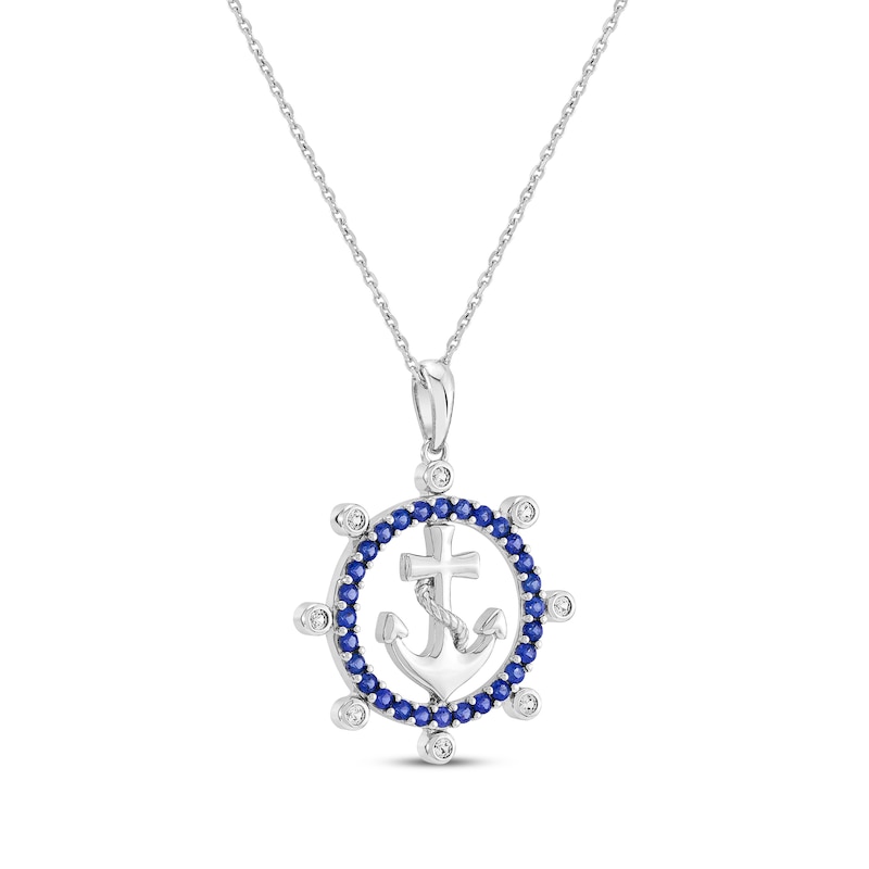 Main Image 2 of Blue & White Lab-Created Sapphire Ship's Wheel & Anchor Necklace Sterling Silver 18"
