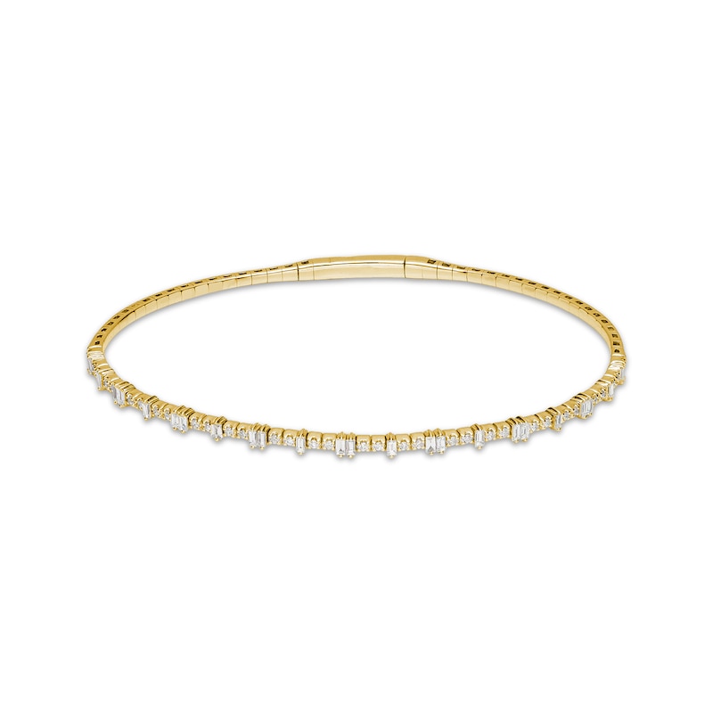 Main Image 1 of Baguette & Round-Cut Diamond Flex Bangle Bracelet 1/2 ct tw 10K Yellow Gold