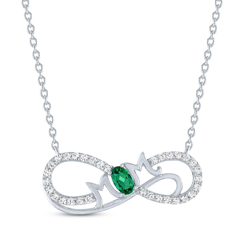 Main Image 1 of Oval-Cut Lab-Created Emerald & White Lab-Created Sapphire "Mom" Infinity Necklace Sterling Silver 18"