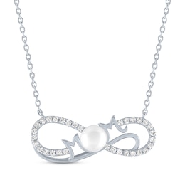 Cultured Pearl & White Lab-Created Sapphire "Mom" Infinity Necklace Sterling Silver 18"