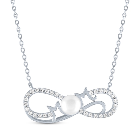 Cultured Pearl & White Lab-Created Sapphire "Mom" Infinity Necklace Sterling Silver 18"