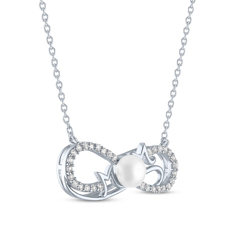 Main Image 2 of Cultured Pearl & White Lab-Created Sapphire "Mom" Infinity Necklace Sterling Silver 18"