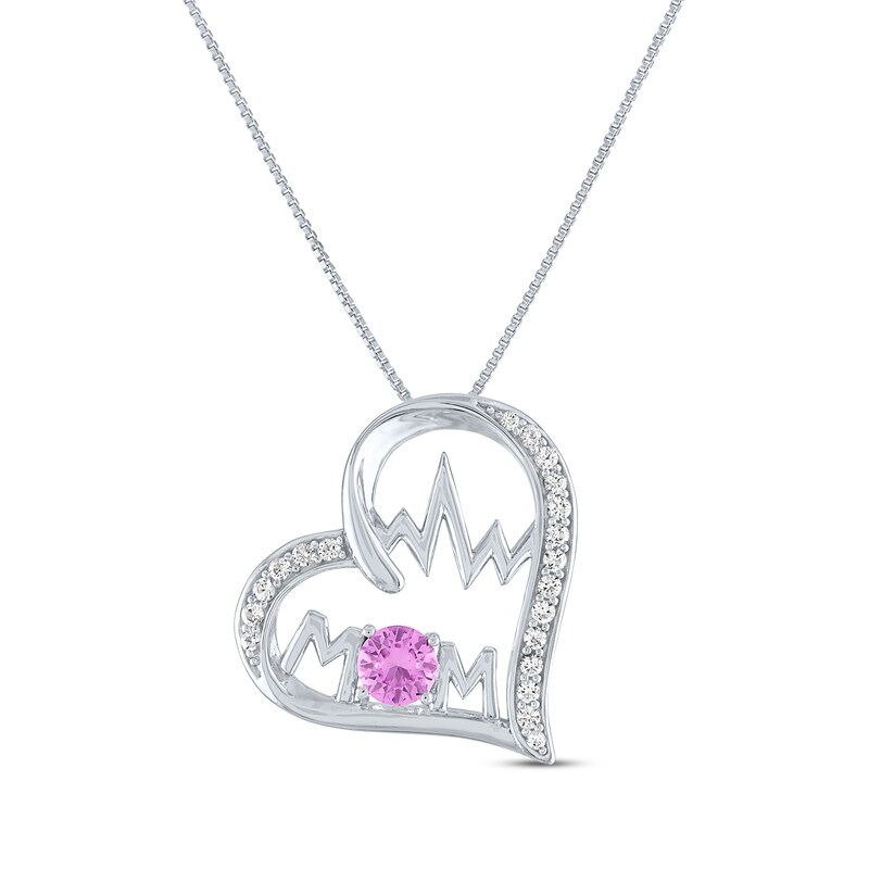 Main Image 1 of Pink & White Lab-Created Sapphire "Mom" Heartbeat Necklace Sterling Silver 18"